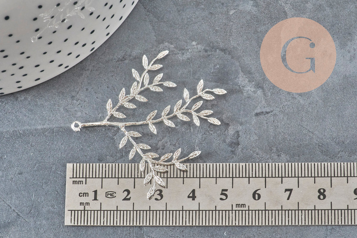 Pendentif branche feuille laiton argenté 49mm, x1 (G11339)-Breloques et pendentifs-Gingerlily Perles