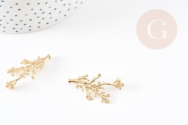 Pendentif branche feuille laiton doré 18K 37.5mm, x1 (G3566)