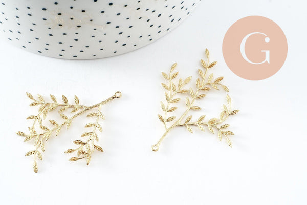 Pendentif branche feuille laiton laiton brut 48mm, x2 (G6584)