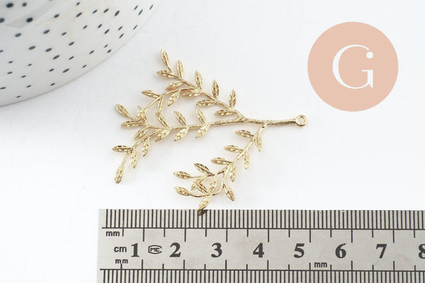 Pendentif branche feuille laiton laiton brut 48mm, x2 (G6584)