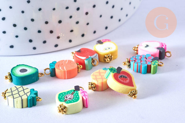 Pendentif breloque fruits polymère multicolore 12-17mm, perles colorées et estivales pour créer des bijoux fantaisie, x10 (G6689)