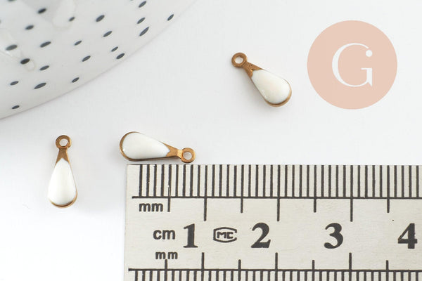 Pendentif breloque goutte laiton brut émail blanc 11mm, x10 (G0808)