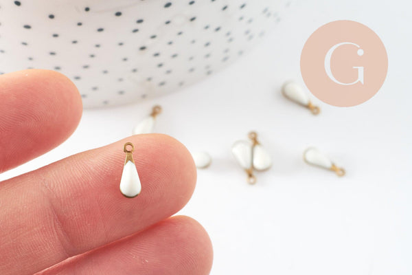 Pendentif breloque goutte laiton brut émail blanc 11mm, x10 (G0808)