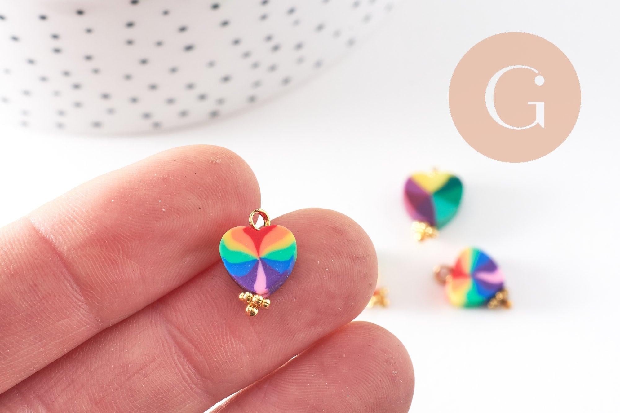 Pendentif breloque polymère coeur multicolore 13mm, perles colorées et estivales pour créer des bijoux fantaisie, x10 (G5867)