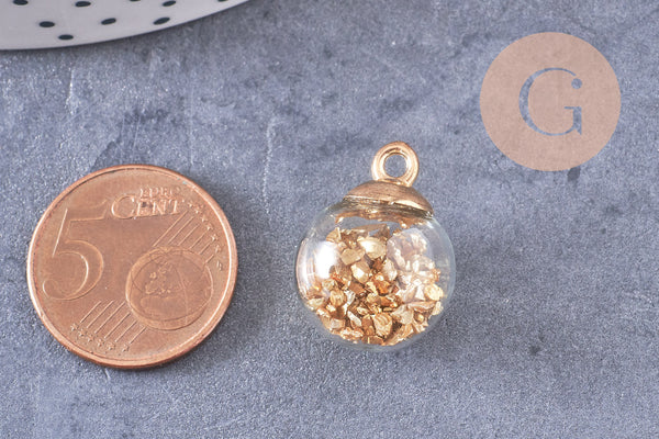 Pendentif bulle verre laiton et sable doré 21mm, médaillon transparent, création sautoir, pendentif vitrine, x1 (G1872)