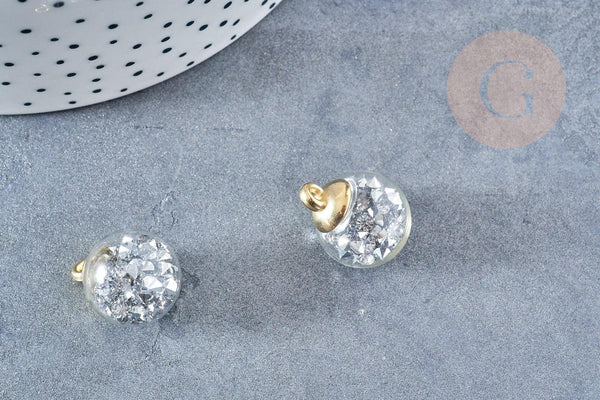 Pendentif bulle verre transparent cristal gris bélière plastique doré 21mm, création sautoir, pendentif vitrine, UNITE G8682