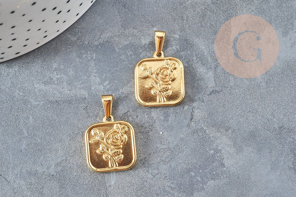 Pendentif carré fleur rose laiton doré 13.5mm, Pendentif pour création bijoux x1 G5020