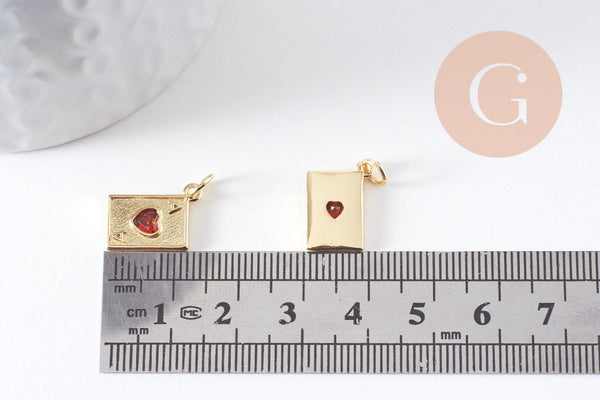 Pendentif carte à jouer coeur zircon rouge laiton doré 18K 15mm x1 (G10288)