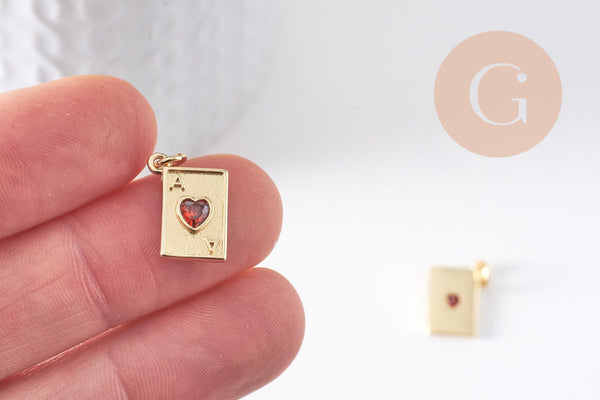 Pendentif carte à jouer coeur zircon rouge laiton doré 18K 15mm x1 (G10288)