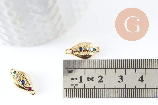 Pendentif cauri laiton doré zircons colorés 15mm, x1 (G4737)