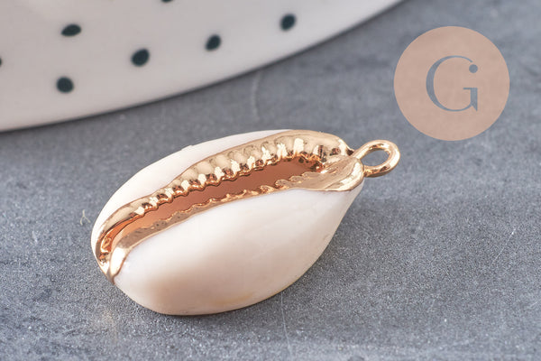 Pendentif cauri ouvert coquillage naturel doré, pendentif doré, création bijou coquillage cauri, coquillage naturel, x1,23-28mm-G2139