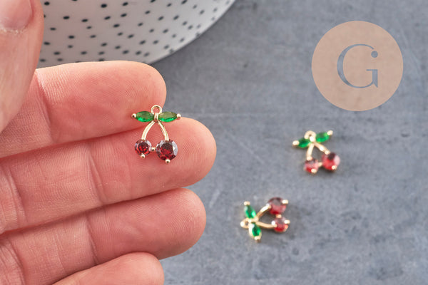 Pendentif cerise doré 18K zircons 14mm, x1 (G5275)