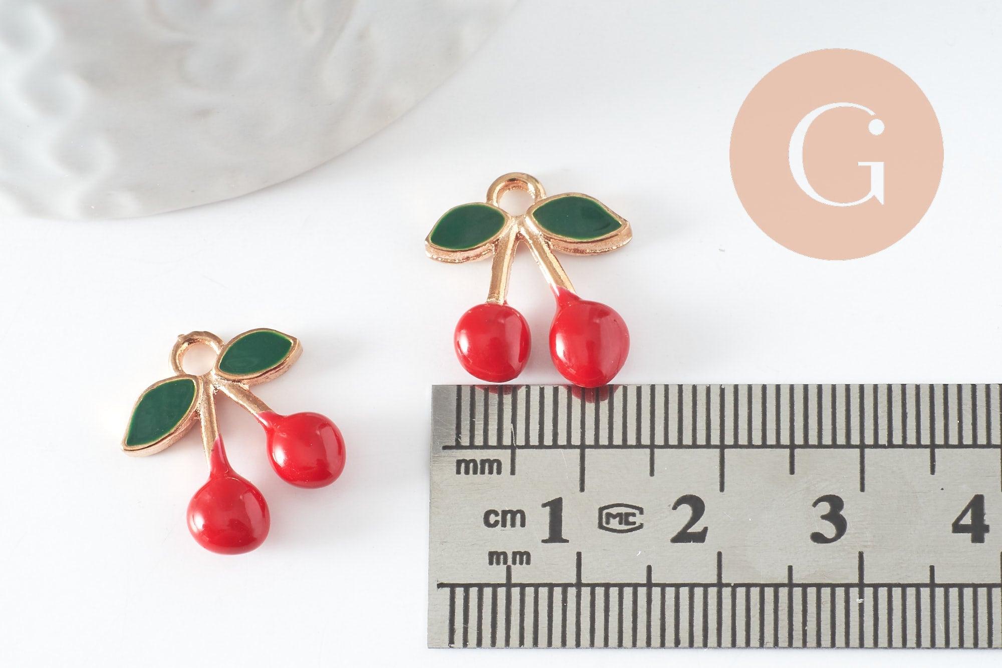 Pendentif cerise doré émaillé rougefruit zamac doré 17mm, x5 (G5272)