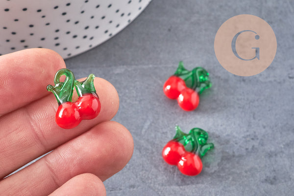 Pendentif cerise fruit rouge verre artisanal 15-19mm, x5 (G1967)