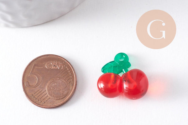 Pendentif cerise résine rouge et verte 19mm, x2 (G10340)