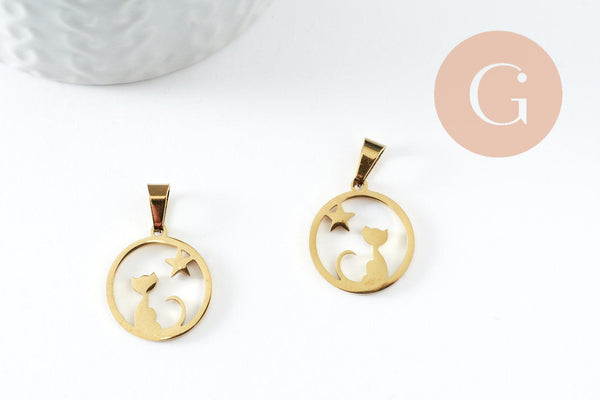 Pendentif chat étoile acier 304 doré inoxydable 19mm, x1 G9859