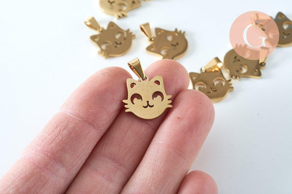 Pendentif chat manga acier 304 doré inoxydable 17mm, x1 (G6022)