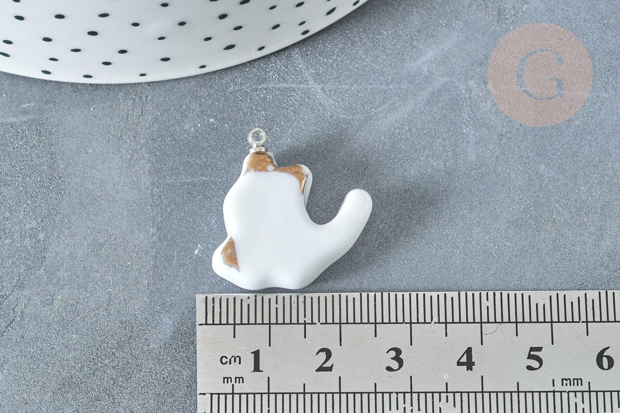 Pendentif chat porcelaine blanc doré laiton platine 24mm, pendentif pour fabrication bijoux, x1 (G8062)