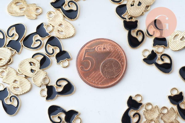 Pendentif chat zamac doré émail noir 12mm,pendentif doré pour création de bijoux, x5 G6094