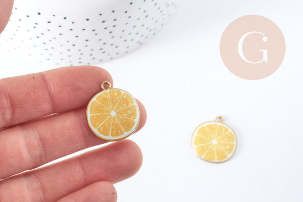 Pendentif citron émail jaune zamac doré 26mm, x1 (G8943)