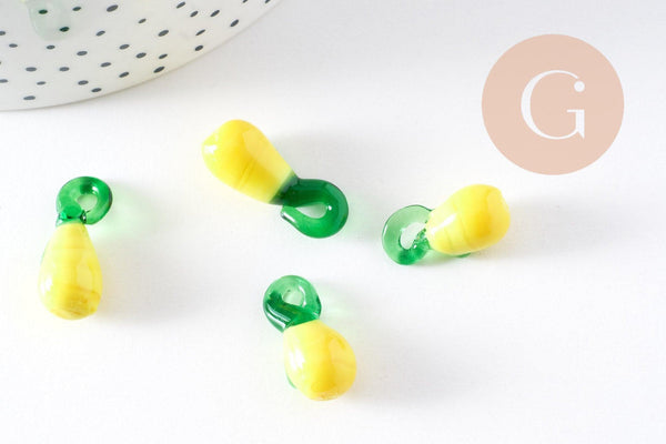 Pendentif citron jaune verre artisanal 19mm, x2 (G10317)