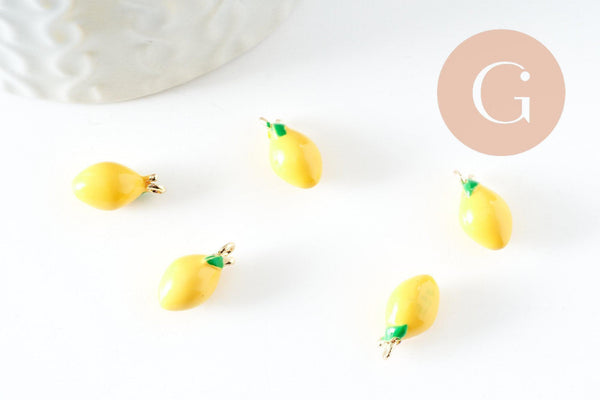 Pendentif citron laiton doré 18K résine jaune 13mm, x1 (G8053)