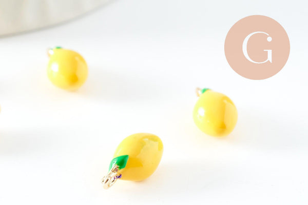 Pendentif citron laiton doré 18K résine jaune 13mm, x1 (G8053)