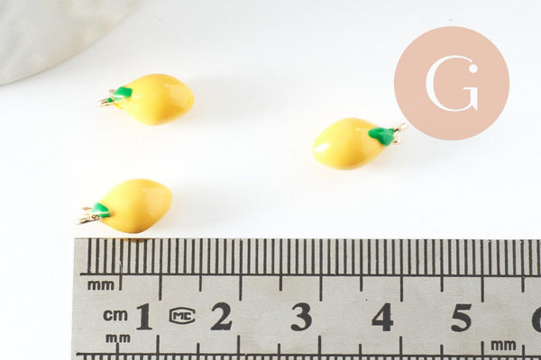 Pendentif citron laiton doré 18K résine jaune 13mm, x1 (G8053)