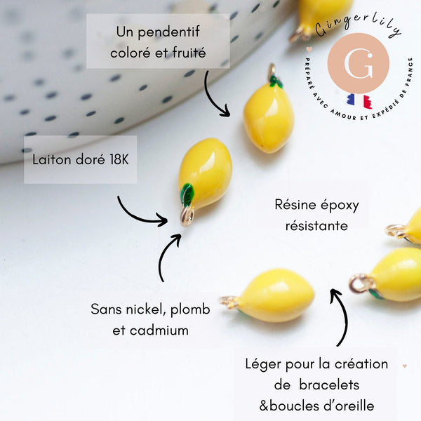 Pendentif citron laiton doré 18K résine jaune 13mm, x1 (G8053)