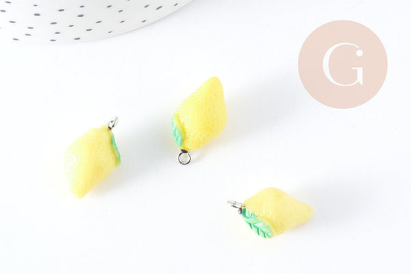 Pendentif citron résine jaune fer platine 20-24mm, x1 (G8949)