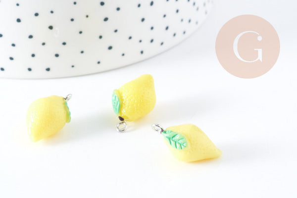 Pendentif citron résine jaune fer platine 20-24mm, x1 (G8949)