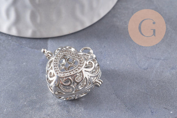 Pendentif coeur Bola carillon d'harmonie laiton argenté, bijoux grossesse, Vendu sans carillon, 35mm, x1 (G3651)