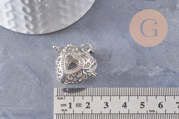 Pendentif coeur Bola carillon d'harmonie laiton argenté, bijoux grossesse, Vendu sans carillon, 35mm, x1 (G3651)