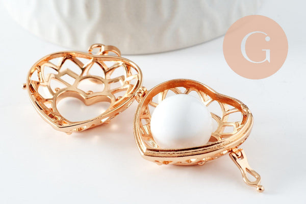 Pendentif coeur Bola harmony carillon laiton doré, bijoux de création grossesse, Vendu sans carillon, 35mm, x1 (G5974)