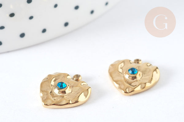 Pendentif cœur acier 304 inoxydable doré zircon bleu 15mm ,creation bijoux acier, x1 G7370