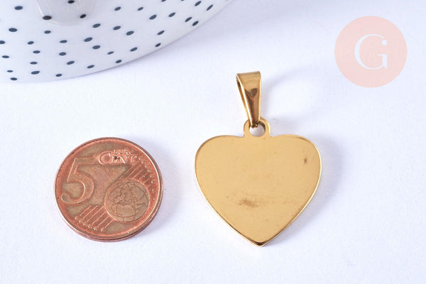 Pendentif cœur acier inoxydable 304 doré à graver 26mm, x1 (G6879)