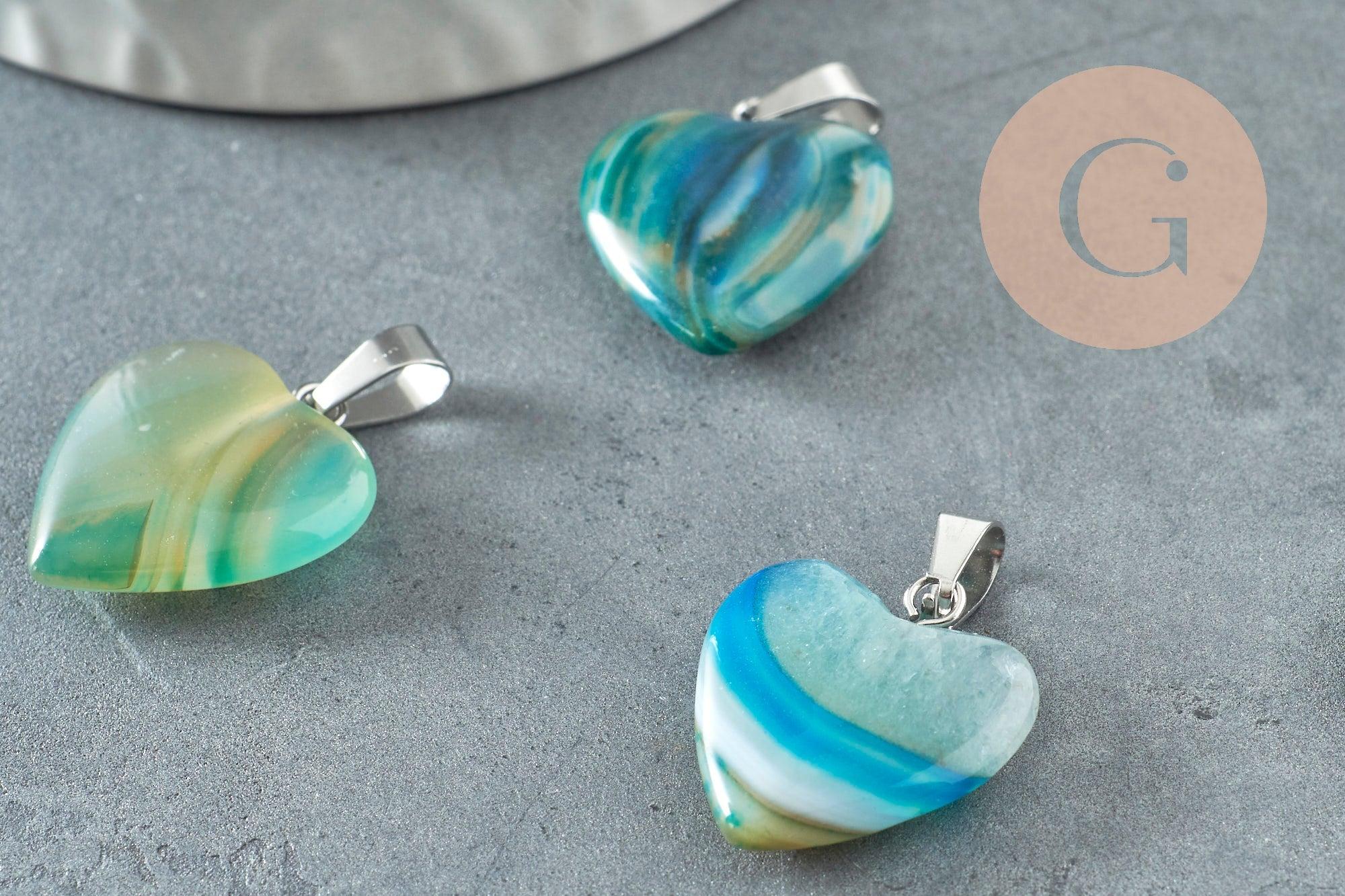 Pendentif coeur agate bleu ciel acier argenté, pierre agate naturelle bleue,création bijoux en pierre naturelle, 23mm, x1 G5182
