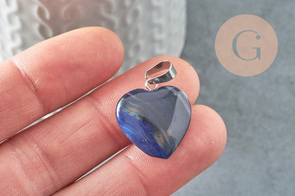 Pendentif coeur agate bleu roiI acier argenté, pendentif pierre agate naturelle bleue,création bijouxpierre naturelle, 23mm, x1 G3356