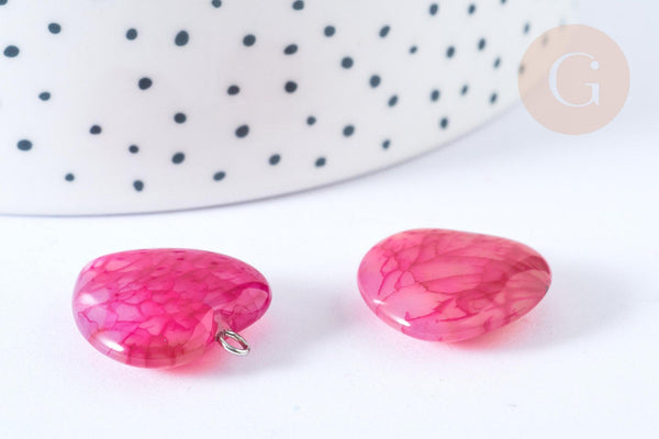 Pendentif cœur agate craquelée brésilienne violet-rose fer argenté 22mm, x1 G7926