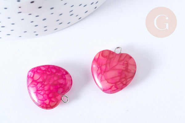 Pendentif cœur agate craquelée brésilienne violet-rose fer argenté 22mm, x1 G7926