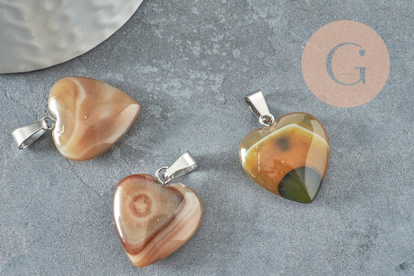 Pendentif coeur agate jaune acier argenté, pendentif pierre agate naturelle jaune,création bijoux en pierre naturelle, 23mm, x1 G3989