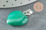 Pendentif coeur agate naturelle verte acier inoxydable platine 23mm, x1 G3991