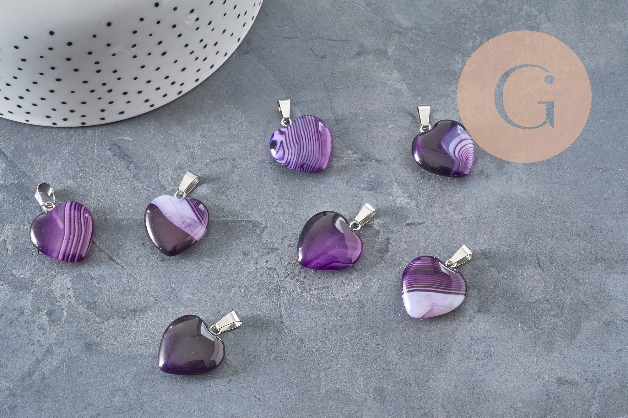 Colgante corazón ágata natural violeta acero plateado 23mm, x1 (G11263)