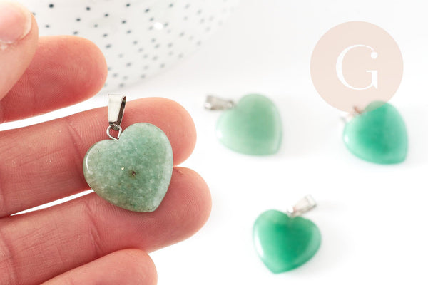 Pendentif coeur aventurine verte naturelle laiton platine 22mm, pendentif pour création bijou amour x1 G9264