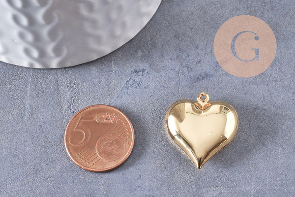 Pendentif cœur bombé laiton doré 24mm, x2 (G10307)