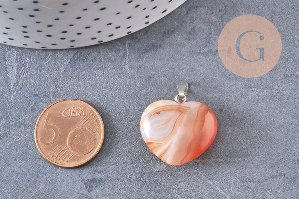 Pendentif coeur cornaline naturelle laiton argenté, pendentif pierre cornaline naturelle, bijoux en pierre naturelle, 23mm, x1 G5583