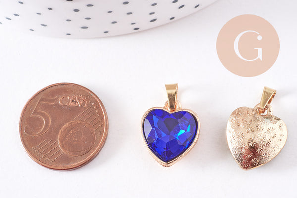 Pendentif coeur cristal coloré acier 304 inoxydable doré 16.5mm, x1 (G10704)