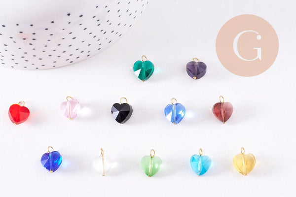 Pendentif coeur cristal coloré facetté acier 304 inoxydable doré 14mm, x1 (G10710)