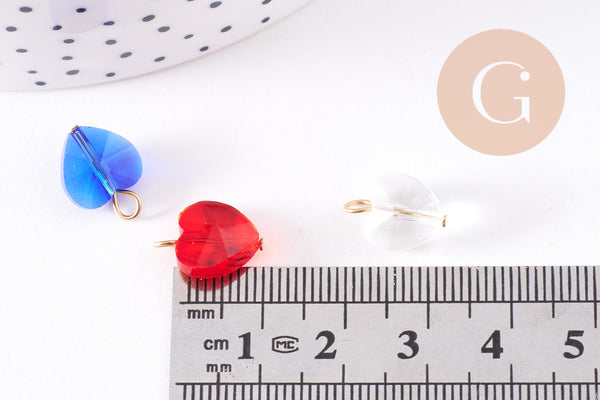 Pendentif coeur cristal coloré facetté acier 304 inoxydable doré 14mm, x1 (G10710)