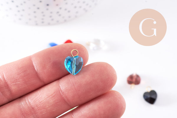 Pendentif coeur cristal coloré facetté acier 304 inoxydable doré 14mm, x1 (G10710)